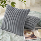 decorUhome Cozy Faux Fur Throw Pillow Covers 16x16 Set of 2 Decorative Soft Plush Striped Modern Farmhouse Boho Couch Pillow Cases with Velvet Back for Sofa Bed Living Room, Grey