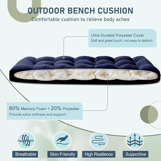 downluxe Outdoor Bench Cushion for Patio Furniture, Water Resistant Tufted Overstuffed Porch Swing Cushions, Thick Outdoor Loveseat Cushions, 59" x 18" x 5", Navy, Set of 1
