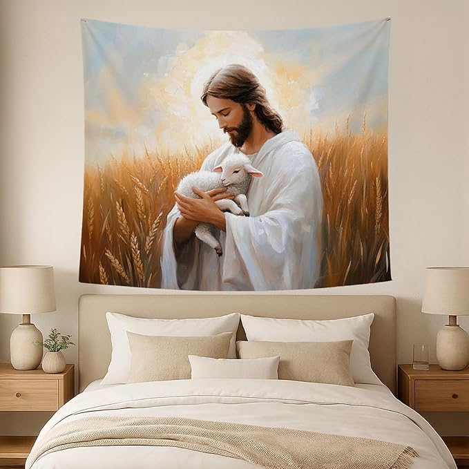 bitCNY Jesus Holding Lamb Tapestry 60x50 Inches – Christian Religious Wall Art, Good Shepherd Tapestry for Living Room Bedroom, Comforting Faith Decor