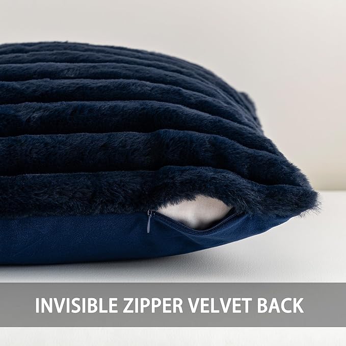 Pack of 2 Faux Fur Fall Throw Pillow Covers 12x20 Inch, Soft Plush Striped Neutral Couch Pillow Cover, with Velvet Back Modern Home Decor for Sofa Living Room Couch Bed Dark Blue