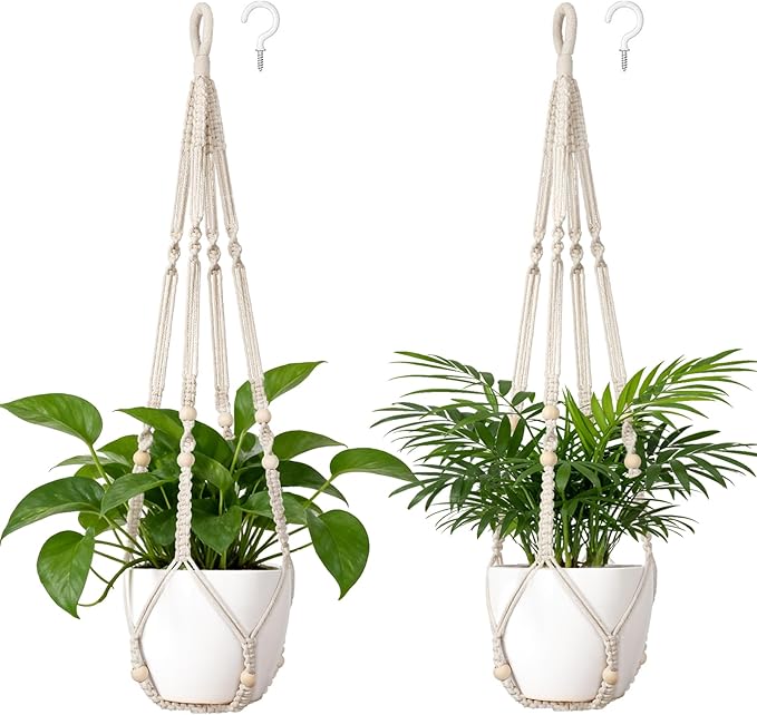 Dahey Macrame Plant Hanger Set of 2 Indoor Outdoor Hanging Planter with Wood Beads Decorative and 2 Hooks Flower Pot Plant Holder No Tassels for Boho Home Decor, 35 Inch, Ivory(Pots Not Included)