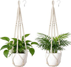 Dahey Macrame Plant Hanger Set of 2 Indoor Outdoor Hanging Planter with Wood Beads Decorative and 2 Hooks Flower Pot Plant Holder No Tassels for Boho Home Decor, 35 Inch, Ivory(Pots Not Included)