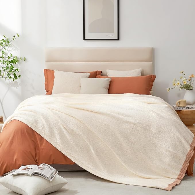 Snuggle Sac Cream Bedding Blankets Queen Size 90x90 inches, Reversible Microfiber Fluffy Fuzzy Soft Throw Cozy Knit Blanket for Women Mothers Birthday Gifts