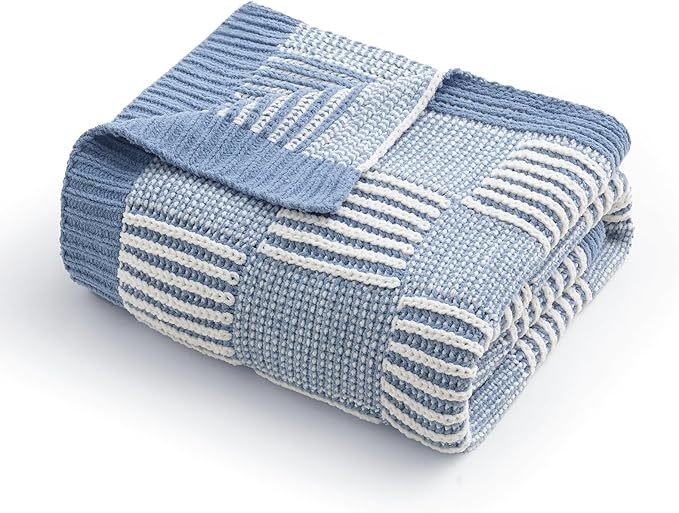 Amélie Home Checkered Knit Throw Blanket for Couch, Chenille Texture Decorative Soft Blanket for Sofa & Chair, 60"x80", Blue & Ivory