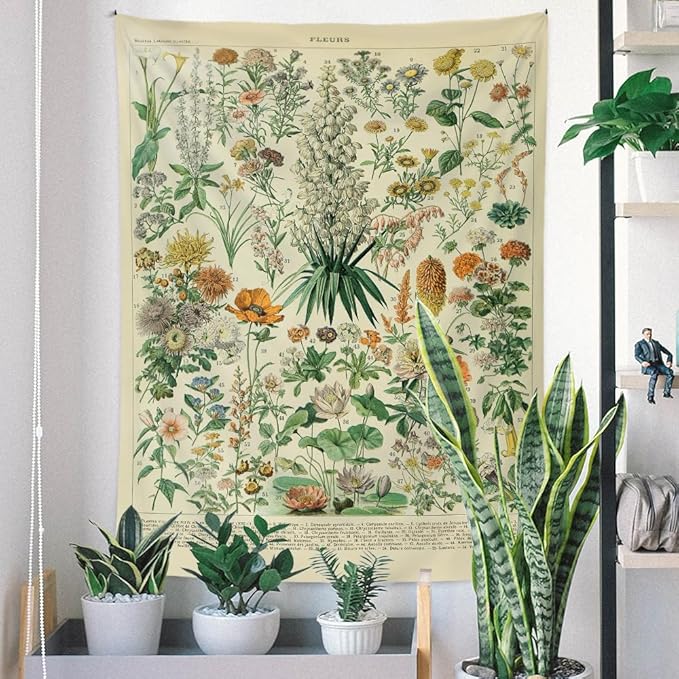 Vintage Flowers Tapestry 48”x36”, Long Vertical Wall Hanging Reference Illustrative Botanical Tapestries for Bedroom Aesthetic Floral Tapistry Botanical Plants Tapestry Wall Hanging Cute Bedroom Decor
