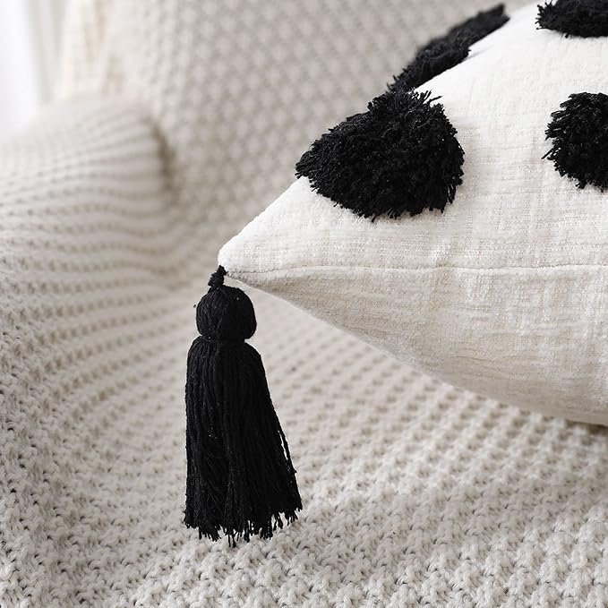 PANOD Super Soft Farmhouse Decorative Plush Throw Pillow Covers 20 x 20 Black,Solid Pom pom Tufted with Tassels Modern Accent Boho Square Cushion Cover Pillow Case for Couch Sofa