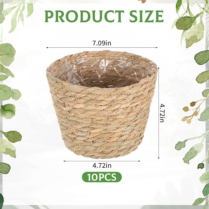 10 PCS Seagrass Plant Baskets with Plastic Liners, Woven Planter Basket Set for Indoor and Outdoor Plants, Wicker Flower Pot Covers Plant Container sand Storage Baskets for Home and Farmhouse Decor