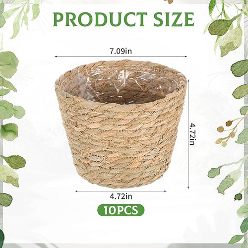 10 PCS Seagrass Plant Baskets with Plastic Liners, Woven Planter Basket Set for Indoor and Outdoor Plants, Wicker Flower Pot Covers Plant Container sand Storage Baskets for Home and Farmhouse Decor