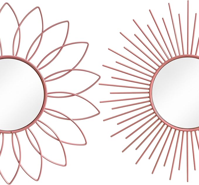 3 Pack Metal Mirrors for Wall Sunburst Wall Mirrors Home Décor Decorative Hanging Wall Art for Living Room Bedroom Entryway (Pink, Flower+Sunburst)