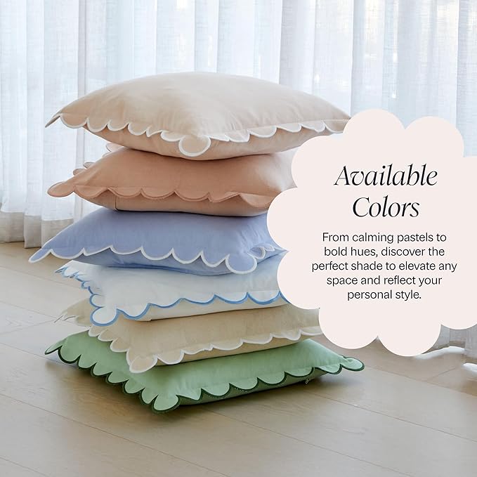 BEBE BASK Scalloped Pillow Cover - Set of 2-18 x 18 Inch - Scallop Pillow Covers – Peach Pink Scalloped Pillows - Scallop Pillows - 100% Cotton - Grandmillennial Style (Peach Pink/White)