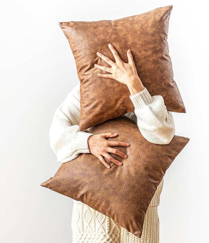 Pack of 2 Leather Throw Pillow Covers, Modern Boho Decorative Cognac Thickened Abrasion Luxury Floor Cushion Cover, for Home Decor Sofa Couch Bed Office Cafe Pillow Covers 24x24 inch