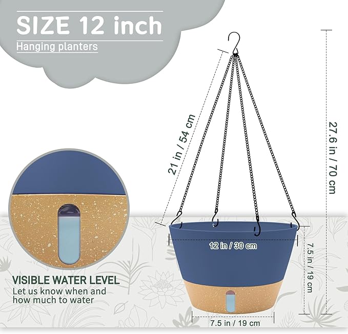 ZMTECH 12 Inch Hanging Planters for Indoor Plants, Large Blue Self Watering Hanging Planter with Visible Water Level & Heavy Duty Chain, Modern Flower Pots for Outdoor Patio Decor