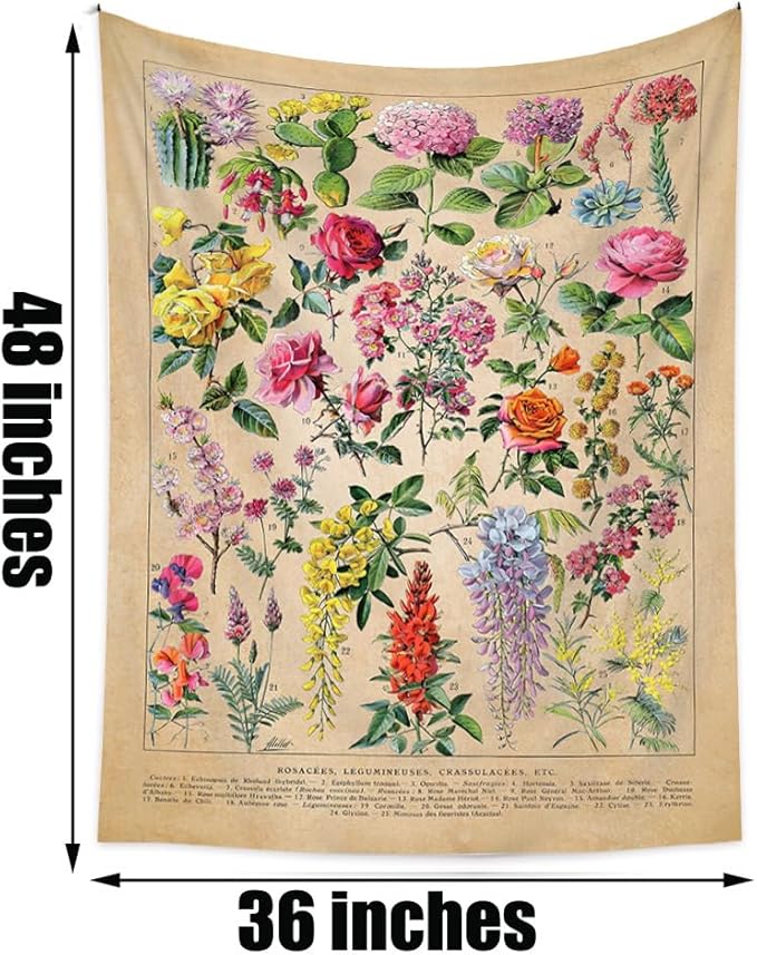 Vintage Flowers Tapestry 48”x36”, Long Vertical Wall Hanging Reference Illustrative Botanical Tapestries for Bedroom Aesthetic Floral Tapistry Botanical Plants Tapestry Wall Hanging Cute Bedroom Decor