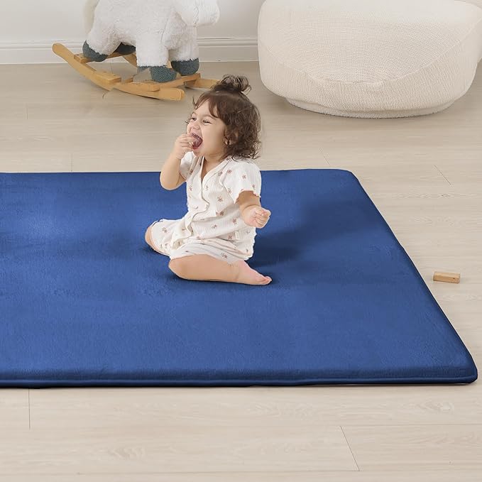 1.3" Thick Baby Play Mat for Floor, 79x79 Playpen Mat, Pro Soft Flannel Foam Mats Toddler Infant Kids Crawling for Nursery Rug Playroom Living Room Waterproof Easy Care Non-Slip (Blue)