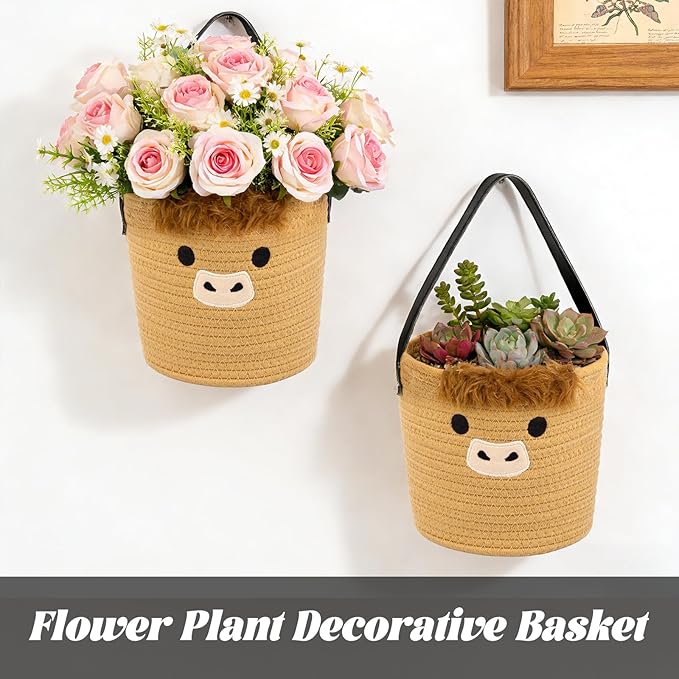 Woven Hanging Basket, Highland Cow Cotton Rope Hanging Wall Basket，Cute Brown Basket for Plants Toys Remotes, Decorative Basket for Porch Living Room Bedroom Entryway (7.8x7inch)