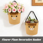 Woven Hanging Basket, Highland Cow Cotton Rope Hanging Wall Basket，Cute Brown Basket for Plants Toys Remotes, Decorative Basket for Porch Living Room Bedroom Entryway (7.8x7inch)