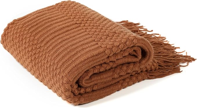 Blagic Knitted Throw Blanket for Couch and Bed, Soft & Cozy Knit Blanket with Tassel, Burnt Orange Lightweight Decorative Blankets & Throws, Farmhouse Warm Woven Blanket for All Seasons,50" W x 60" L