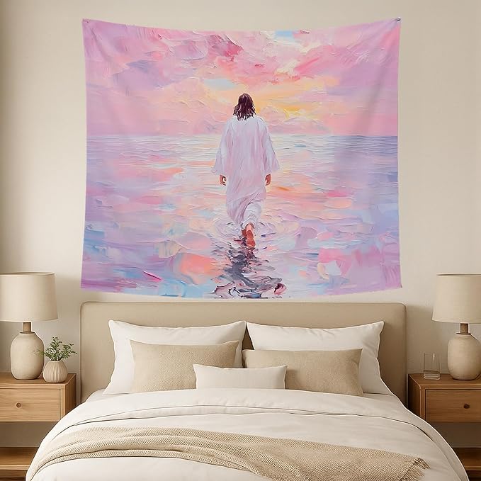 bitCNY Jesus Sunset Walk Tapestry – Pink Pastel Christian Wall Hanging, Peaceful Inspirational Decor for Bedroom or Prayer Room, 50x60 Inch