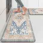 KIMODE Kitchen Rugs and Mats 2PCS Cushioned Anti Fatigue Kitchen Mat Non-Skid Waterproof Kitchen Runner Rug for Kitchen Decor,Floors,Office,Laundry,Blue and Gold