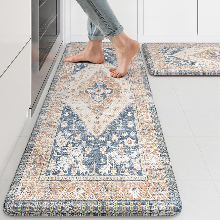 KIMODE Kitchen Rugs and Mats 2PCS Cushioned Anti Fatigue Kitchen Mat Non Slip Paded Kitchen Runner Rug Boho Vintage Mats Blue Gold Rugs for Kitchen Floor, Home Decor, Office, Laundry, Desk, Bathroom - color: Gold Blue, size: 17.3" x 47 "+ 17.3" x 29 "--0.