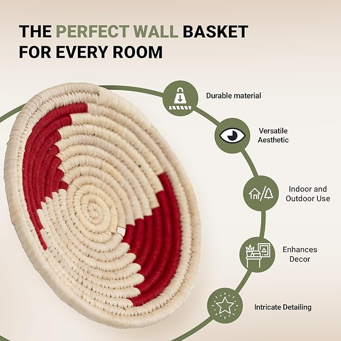 Wicker Village | Handmade Woven Wall Basket Décor | Boho Wall Art | Hanging Accent Rustic Natural Sabai Grass | Red and Beige | 12" L x 12" W x 2" H