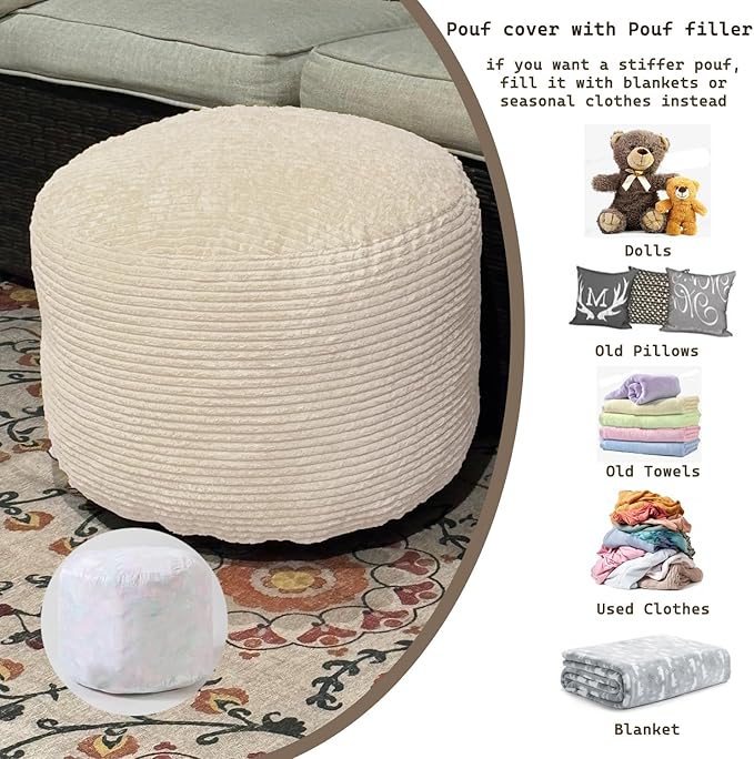 Oslimea Round Ottoman Foot Rest 20 x 15 Foot Stool Ottoman Pouf with Foam Chunk Filling for Living Room, Floor Poufs Foot Rest for Bedroom, Beige Corduroy
