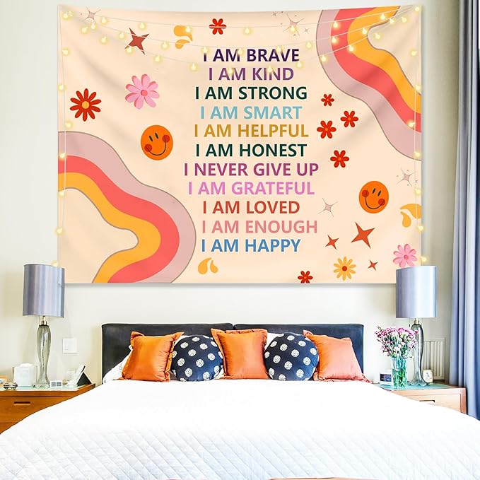 KJHL Rainbow Motivational Tapestry Wall Hanging Quote Positive Affirmations Saying Inspirational Classroom Tapestries Aesthetic Boho Kids Room Decor for Bedroom Living Room Dorm (59" x 79")
