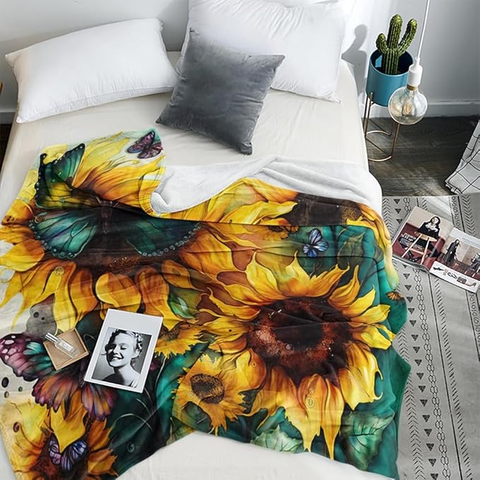 Sunflower Throw Blankets for Couch,Farmhouse Wildflower Blankets Green Butterflies Insect Floral Design Cozy Luxury Rustic Yellow Flower Blue Teal Flannel Bed Blanket for Women Girl 50"x60"