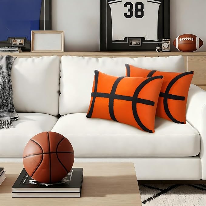 2 Pcs Basketball Velvet Pillow Covers 12 x 20 Inch 3D Tufted Embroidery Sports Theme Basketball Decorative Throw Cushion Case for Bedroom Sofa Living Room Couch Chair Home Decor