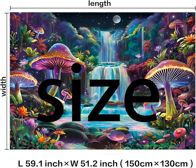 Dermijer Blacklight Tapestry Fantasy Mushroom Forest Tapestry UV Reactive Waterfall Tapestries Moon Night Neon Flower Landscape Tapestries Wall Hanging for Home Decor L59.1×W51.2