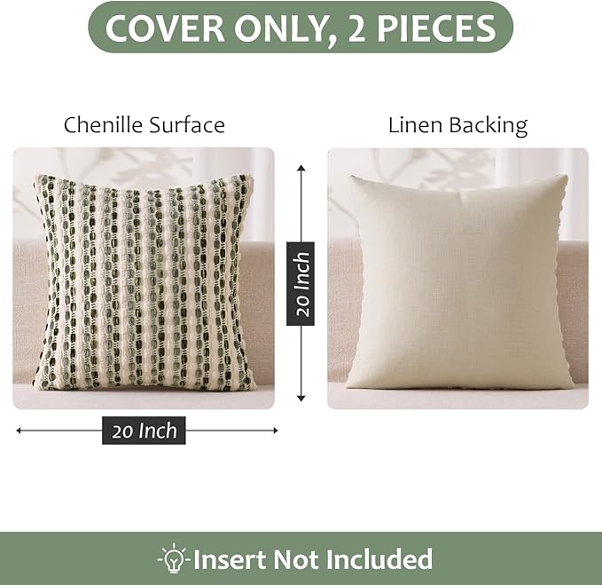 ANRODUO Boho Chenille Textured Tufted Pillow Covers 20x20 Inch Set of 2 Woven Decorative Throw Pillow Covers with Raised Stripes Accent Neutral Pillowcase for Couch Sofa Bed Living Room, Cream Olive