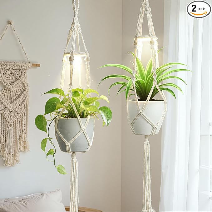 2 Pack Macrame Plant Hanger with Grow Light: Sturdy Hanging Planters for Indoor Plants, Cute Plant Holder with Plant Light, Perfect for Different Size Pots (Daylight Spectrum)