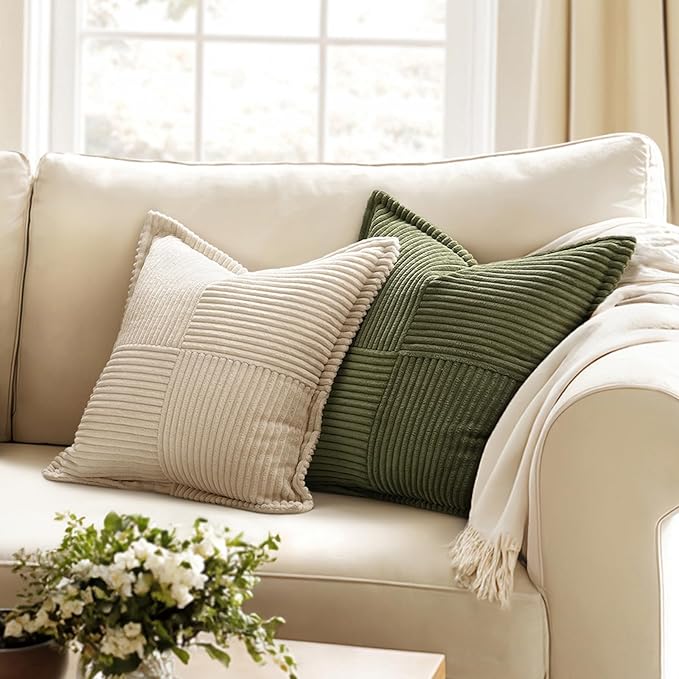 MIULEE Olive Green Corduroy Pillow Covers 16x16 Inch with Splicing Set of 2 Soft Boho Striped Pillow Covers Broadside Decorative Textured Summer Pillowcases for Couch Cushion Bed Livingroom
