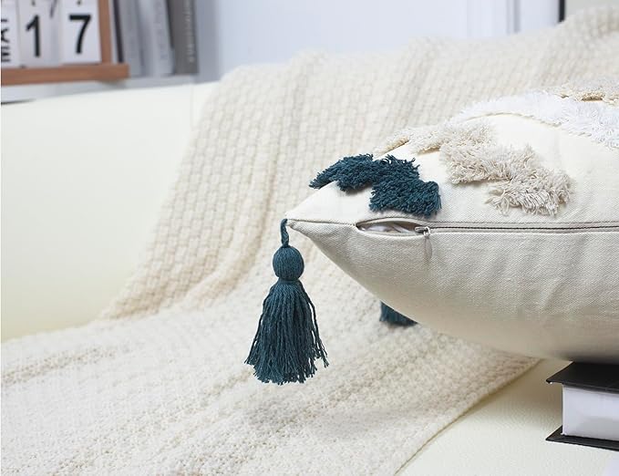 Decorative Farmhouse Throw Pillow Covers 18 x 18,Modern Neutral Couch Pillow Cover,Cotton Checked Pattern Boho Square Pillow Case Cover for Couch Bed Sofa Bedroom,Blue&Beige&White
