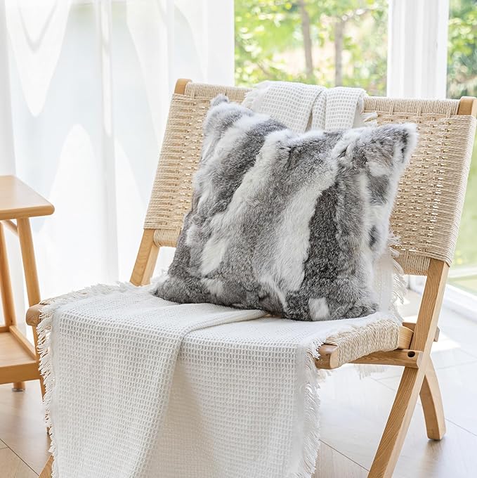 MOOX Rabbit Fur Throw Pillow Covers Decorative Fluffy Soft Fuzzy Plush Luxury Genuine Animal Skin Lumbar Pillow 18"x18" Cushion Cover, Couch-Grey White