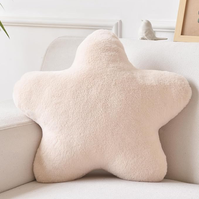 Xiashrk Star Pillow, Decorative Throw Pillows for Bed Couch, 15" Star Shaped Pillow Plush Floor Cushions Room Decor Pillow with Faux Rabbit Fur for Sofa Bedroom Living Room (Beige, 19.6" x 19.6")