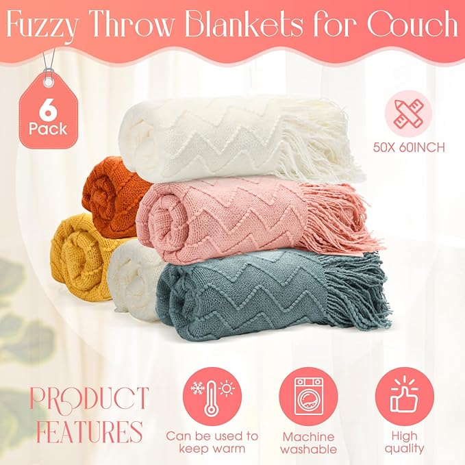 Buryeah 6 Pack Boho Knitted Throw Blankets with Tassels 50x60 Soft Warm Throws Bulk for Wedding Guests Housewarming Employee Teacher Appreciation Gifts Cozy Farmhouse Home Decor (Multicolor)