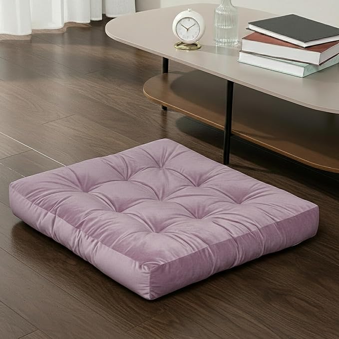 Floor Pillow for Sitting, Large Velvet Floor Seating Cushion for Adults, Tufted Big Pillow for Meditation, Yoga & Living Room, Machine Washable, 22x22 Inch, Lavender