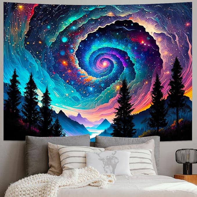 Amhokhui Galaxy Space Tapestry Colorful Starry Sky Tapestry Trippy Mountain Tapestries Misty Forest Tapestries Fantasy Landscape Wall Hanging Decor for Home