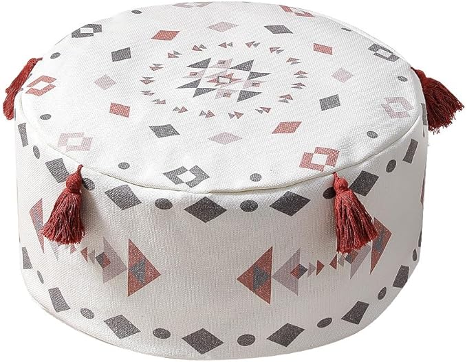MOCOFO Unfilled Pouf Cover - Red & Gray Geometric Ottoman Footstool, Bohemian Floor Cushion Case with Tassels