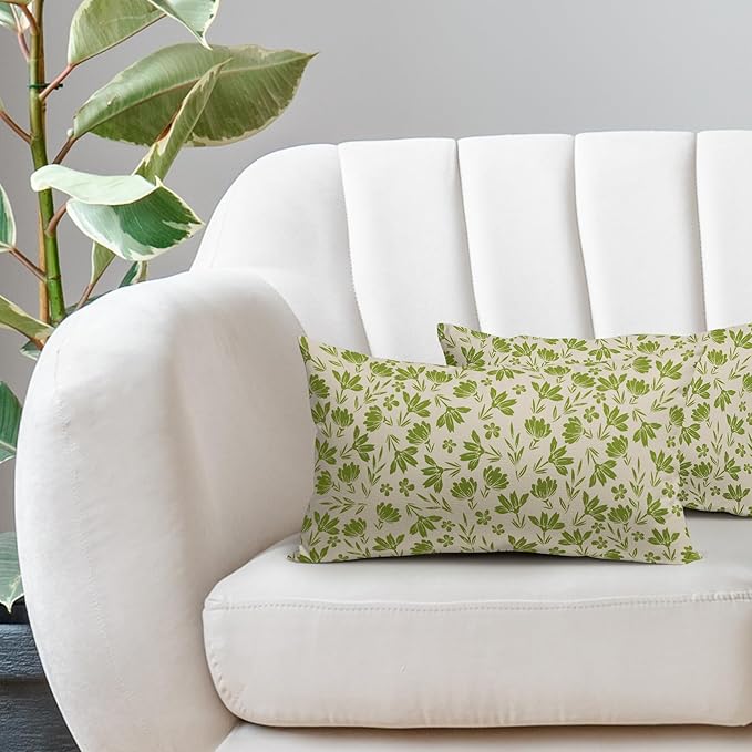Lime Green Floral Pillow Covers 12x20 Set of 2 Vintage Rustic Old Style Cute Small Flower Green Cream Print Decorative Outdoor Pillowcases Farmhouse Throw Cushion Case Decor for Couch Sofa Bed