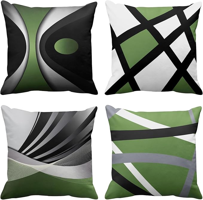Emvency Set of 4 Green Throw Pillow Covers Modern Abstract Black Grey White Stripes Acrylic Bold Decorative Pillow Cases Home Decor Square 18x18 Inches Pillowcases