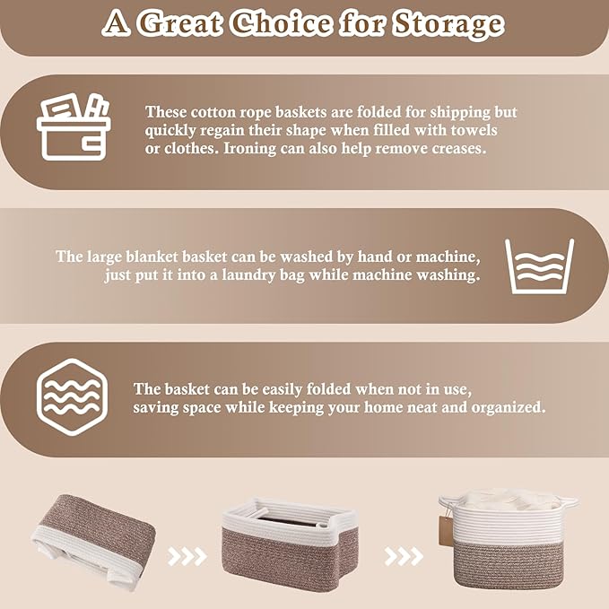 Goodpick Woven Storage Basket, Cotton Rope Baskets for Toys, Books, Small Baby Laundry Baskets with Handles, Rectangle Dog Toy Basket for Living Room, 13 x 10 x 9 Inches