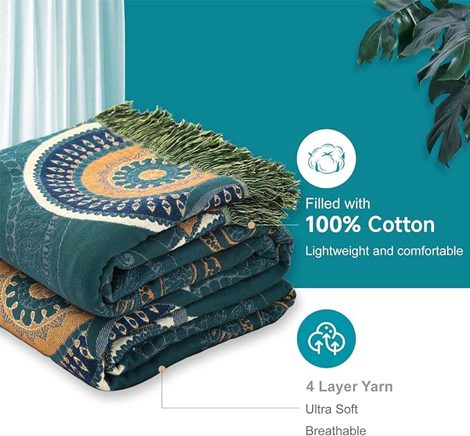 Boho Throw Blanket for Bed 100% Cotton Ultra Soft Rustic Quilt Farmhouse Decor Spring Bed Fall Blanket Large,All Season Rustic Throw for Sofa Couch Chair (Boho-Floral-O, 60"×80")