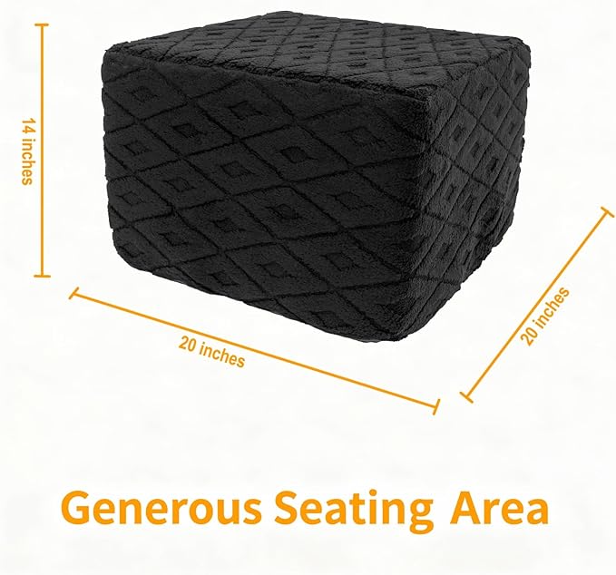 Fluffy Square Ottoman Pouf with All-in-One Foam Filling 20 x 14 Inches Furry Ottoman Foot Rest Foot Stool for Living Room or Bedroom (Black)