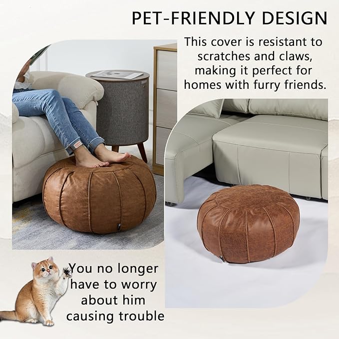 Louis Donné Unstuffed Moroccan Ottoman Pouf Cover, Waterproof Handmade Faux Decor Storage Solution, Footstool Pouffe Cover Replacement Balcony Indoor 21dia Chestnut Brown, ONLY Cover