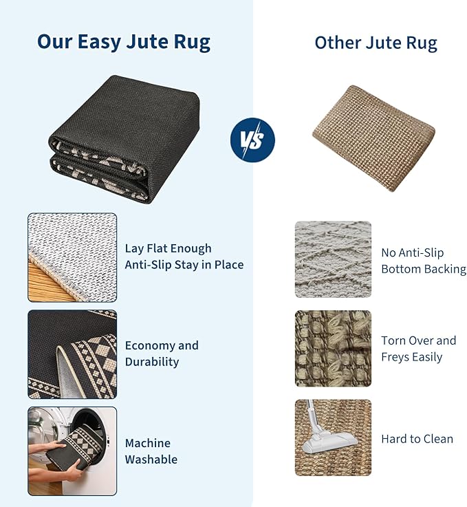 GarveeHome Solid Bordered Easy Jute Rug 5x7 Washable Jute Rugs for Living Room Patio Farmhouse Indoor Outdoor Rug Non Slip Non-Shedding Neutral Rugs for Patio Backyard Dining Room Bedroom, Black