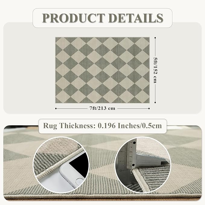 Beeiva Checkered Print 5x7 Rugs for Living Room, Non Slip Soft Green Rugs for Bedroom Ultra Thin Washable Rugs 5x7, Moroccan Farmhouse Carpet for Playroom Kids Room, Classic Classroom Dorm Home Decor