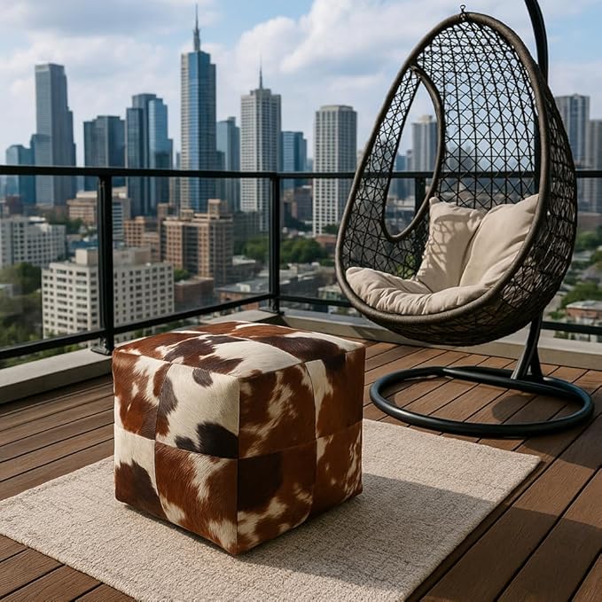 Unstuffed Premium Hair-on Leather Ottoman Pouf Cover, Boho Handmade Genuine Cowhide Square Footstool, Modern Cube Ottoman Footrest for Home Decor Living Room, Bedroom - 18X18 Inch, Tan & White