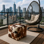 Unstuffed Premium Hair-on Leather Ottoman Pouf Cover, Boho Handmade Genuine Cowhide Square Footstool, Modern Cube Ottoman Footrest for Home Decor Living Room, Bedroom - 18X18 Inch, Tan & White